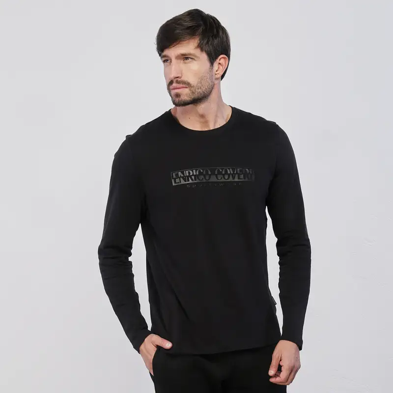 Maglia nera leggera da uomo in cotone con logo