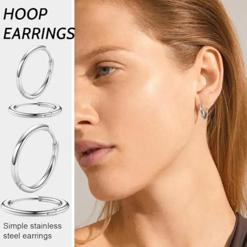 COYUN 7 Paia orecchini Argento a cerchio per uomini e donne, Orecchini Acciaio Inossidabile di Orecchini Cerchio Piccoli per Uomini e Donne Ipoallergenici Set di Orecchini 8-20 mm (argento) miniatura 3