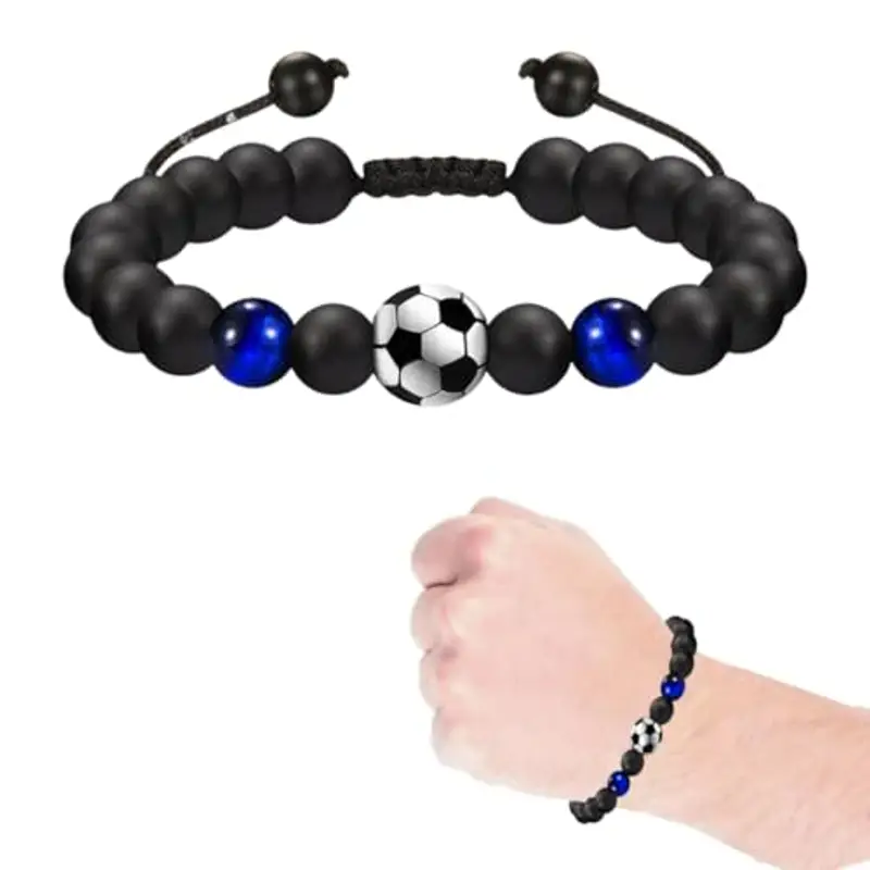 COYUN Bracciale da Calcio Regali,Bracciale Calcio 3D Pietra Naturale Occhio di Tigre Blu,Idee Regalo Ragazzo 5 6 7 8 9 10 11 12 Anni Regalo di Compleanno per Ragazzi, Figlio, Nipote e Fratello