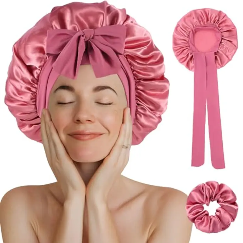 Cuffia Capelli Ricci Notte, Cuffia Seta Capelli Ricci, Berretto da Notte in Seta con Cinghie Regolabili, Berretto per Dormire in Raso Morbido e Confortevole (Marrone Pastello 1Pcs)