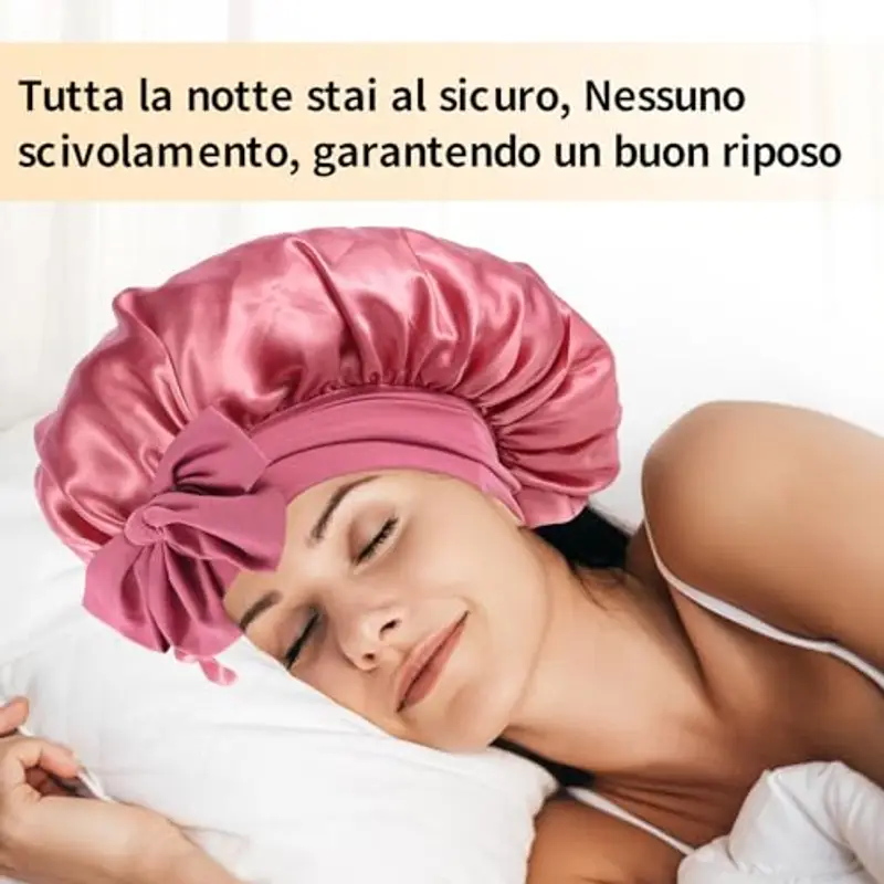 Cuffia Capelli Ricci Notte, Cuffia Seta Capelli Ricci, Berretto da Notte in Seta con Cinghie Regolabili, Berretto per Dormire in Raso Morbido e Confortevole (Marrone Pastello 1Pcs) miniatura 2