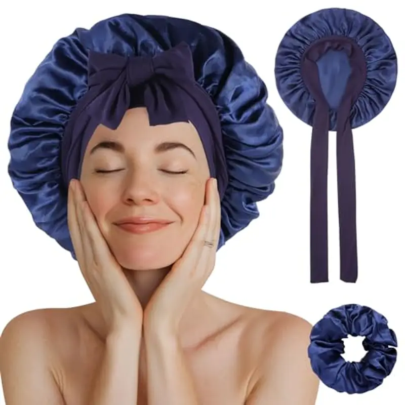 Cuffia Seta Capelli Ricci, Cuffia Capelli Ricci Notte, Berretto da Notte in Seta con Cinghie Regolabili, Berretto per Dormire in Raso Morbido e Confortevole (Marina 1Pcs)