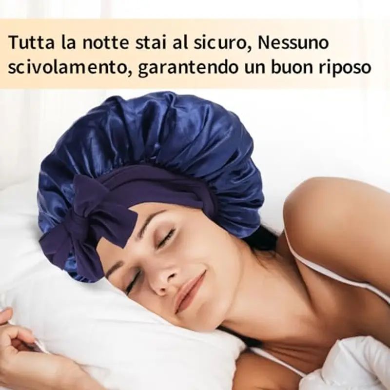 Cuffia Seta Capelli Ricci, Cuffia Capelli Ricci Notte, Berretto da Notte in Seta con Cinghie Regolabili, Berretto per Dormire in Raso Morbido e Confortevole (Marina 1Pcs) miniatura 2