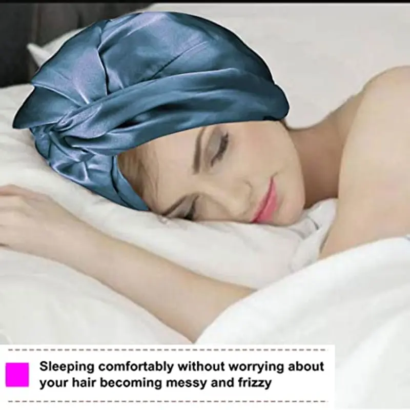 Cuffia Seta Capelli Ricci, Cuffia Capelli Ricci Notte per Dormire, Doppio Strato Cuffia di Seta per la Notte Capelli Ricci, Abbina Fascia Elastica Forte Applicare al Lavaggio, Trucco, Sport miniatura 2