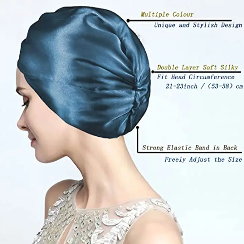 Cuffia Seta Capelli Ricci, Cuffia Capelli Ricci Notte per Dormire, Doppio Strato Cuffia di Seta per la Notte Capelli Ricci, Abbina Fascia Elastica Forte Applicare al Lavaggio, Trucco, Sport miniatura 3