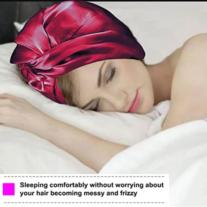 Cuffia Seta Capelli Ricci, Cuffia Capelli Ricci Notte per Dormire, Doppio Strato Cuffia di Seta per la Notte Capelli Ricci, Abbina Fascia Elastica Forte Applicare al Lavaggio, Trucco, Sport miniatura 2