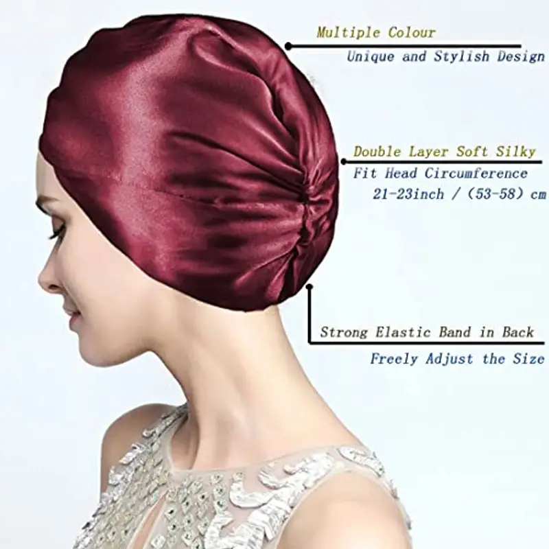 Cuffia Seta Capelli Ricci, Cuffia Capelli Ricci Notte per Dormire, Doppio Strato Cuffia di Seta per la Notte Capelli Ricci, Abbina Fascia Elastica Forte Applicare al Lavaggio, Trucco, Sport miniatura 3