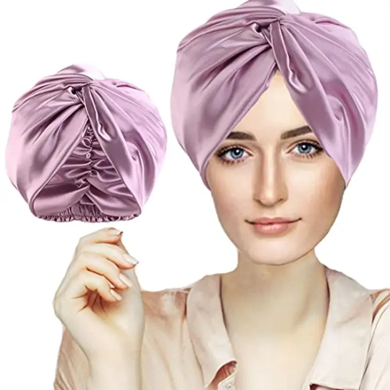 Cuffia Seta Capelli Ricci, Cuffia Capelli Ricci Notte per Dormire, Doppio Strato Cuffia di Seta per la Notte Capelli Ricci, Abbina Fascia Elastica Forte Applicare al Lavaggio, Trucco, Sport (Viola)