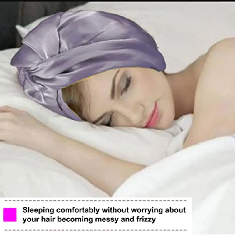 Cuffia Seta Capelli Ricci, Cuffia Capelli Ricci Notte per Dormire, Doppio Strato Cuffia di Seta per la Notte Capelli Ricci, Abbina Fascia Elastica Forte Applicare al Lavaggio, Trucco, Sport (Viola) miniatura 3