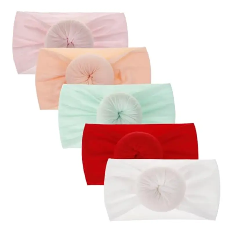Cuffietta per neonato, con grande fiocco, morbida, taglia unica, 3 pezzi 5 Pack Donut: Peach, Light Pink, Mint, Red,