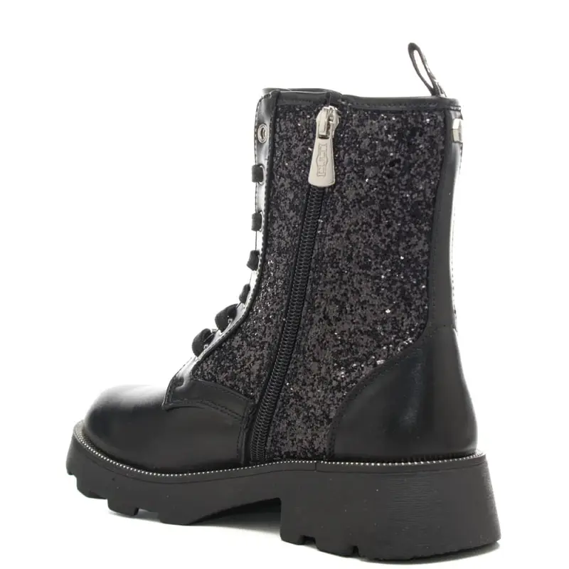 anfibi da bambina con tomaia in pelle e glitter all over neri miniatura 3