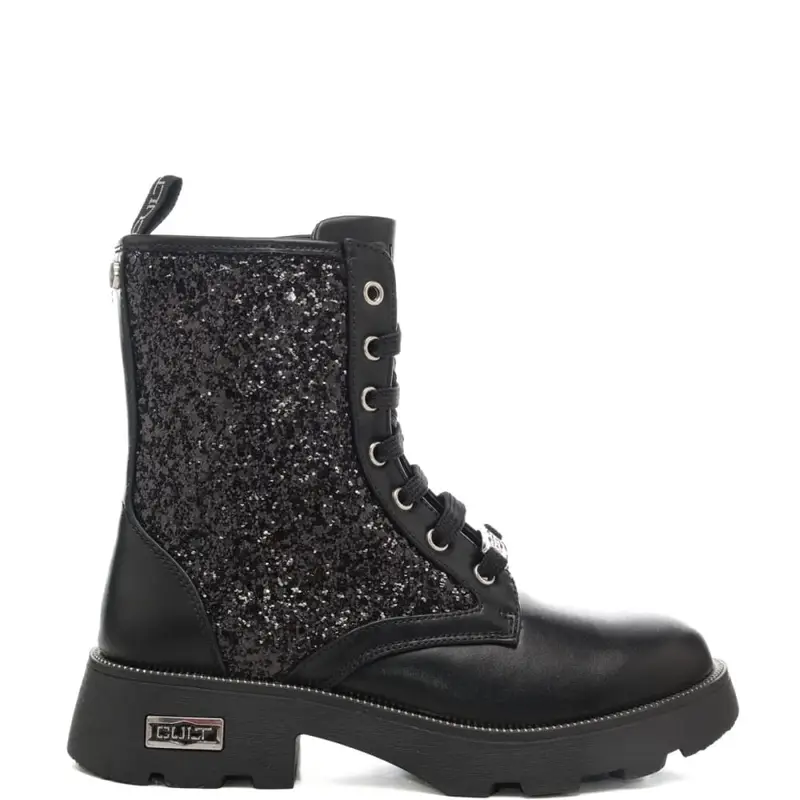 anfibi da bambina con tomaia in pelle e glitter all over neri