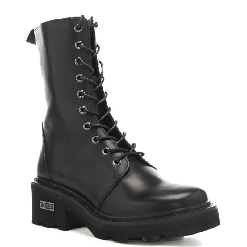 anfibi da donna in vera pelle con logo in metallo neri miniatura 2