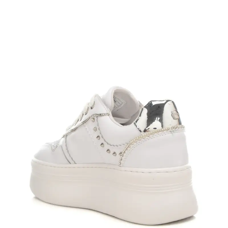 sneakers da donna in vera pelle con borchie, strass e inserto laminato sul retro bianco argento miniatura 3