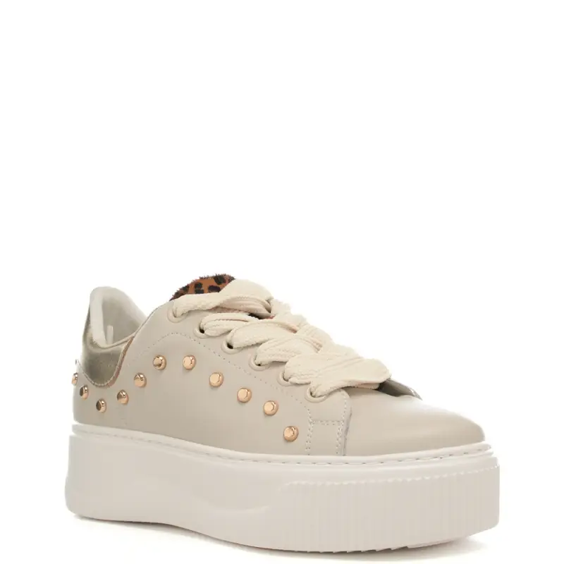 sneakers da donna in vera pelle con inserti animalier, laminati e borchie bianco oro miniatura 2