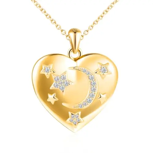 Cuore Luna Stella Portafoto Medaglione Collana Argento 925 Ragazze Collana di Foto Personalizzata con Scintillante