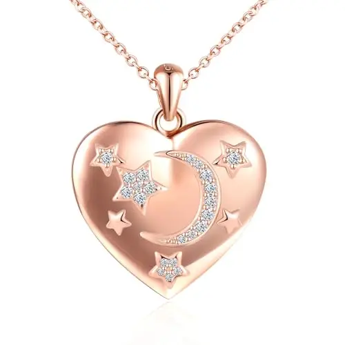 Cuore Luna Stella Portafoto Medaglione Collana Argento 925 Ragazze Collana di Foto Personalizzata con Zirconi Sognante