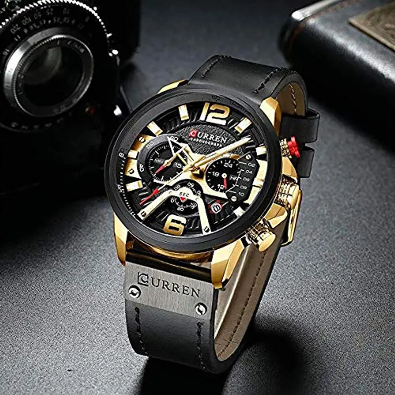 Curren, Orologio analogico al quarzo da uomo, con cronografo e cinturino in pelle alla moda, raffinato, adatto come miniatura 3