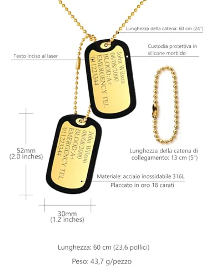 Custom4U Collana Piastrine Militari Personalizzate Uomo Acciaio Targhetta dell'Esercito Con Incisione in Acciaio Inox Senza Nichel Anti-allergico miniatura 3