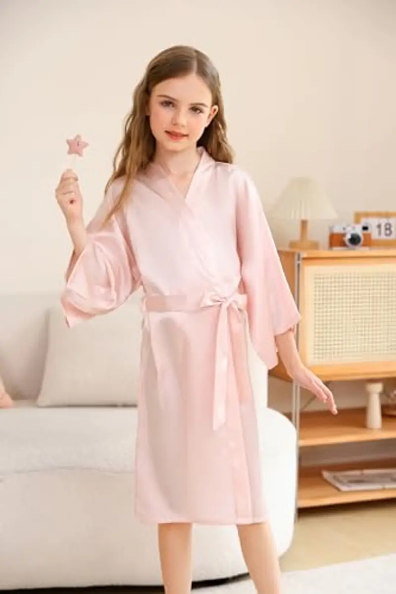 CuteOn Bambini bambini Raso Seta Kimono Accappatoio Vestaglia Accappatoio Indumenti da notte per terme Nozze Compleanno miniatura 3