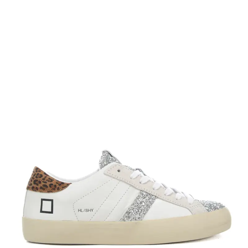 . sneakers da donna hill low in vera pelle con inserti animalier e glitter bianco leopardo
