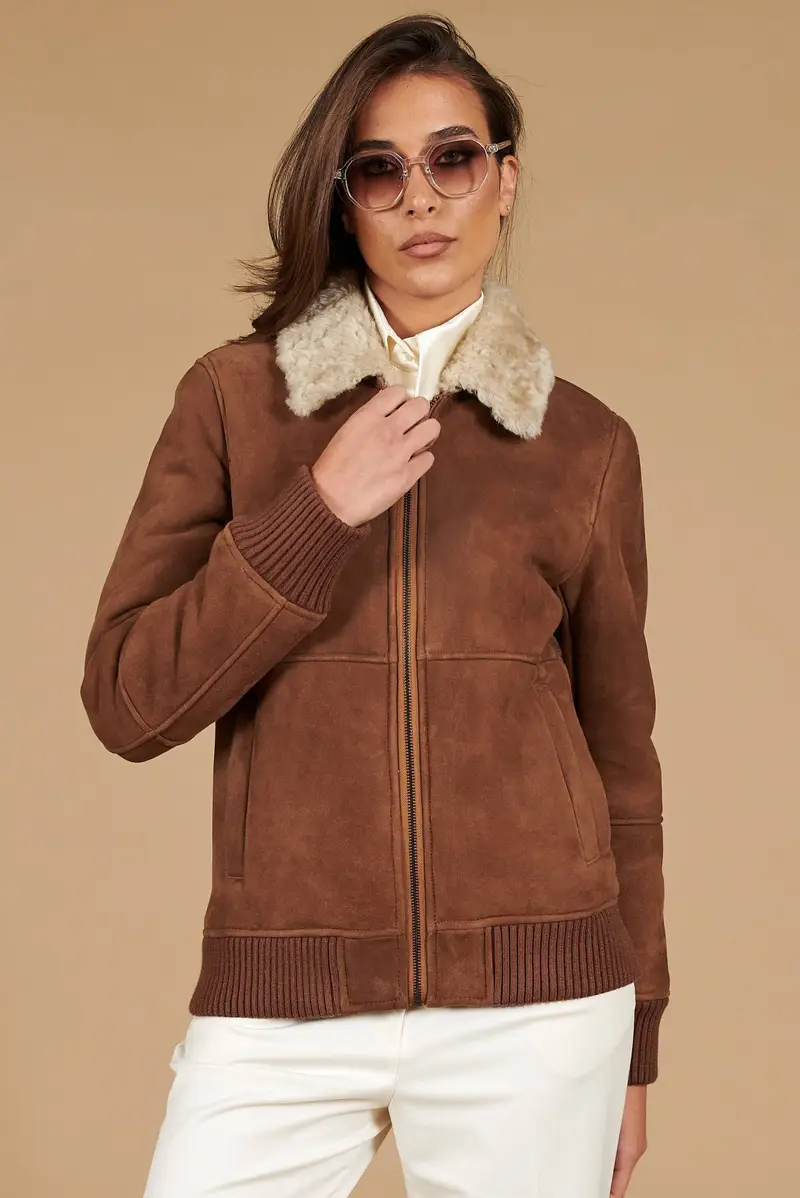 Bomber in montone scamosciato color cuoio colletto a contrasto D'Arienzo, Seleziona Cuoio