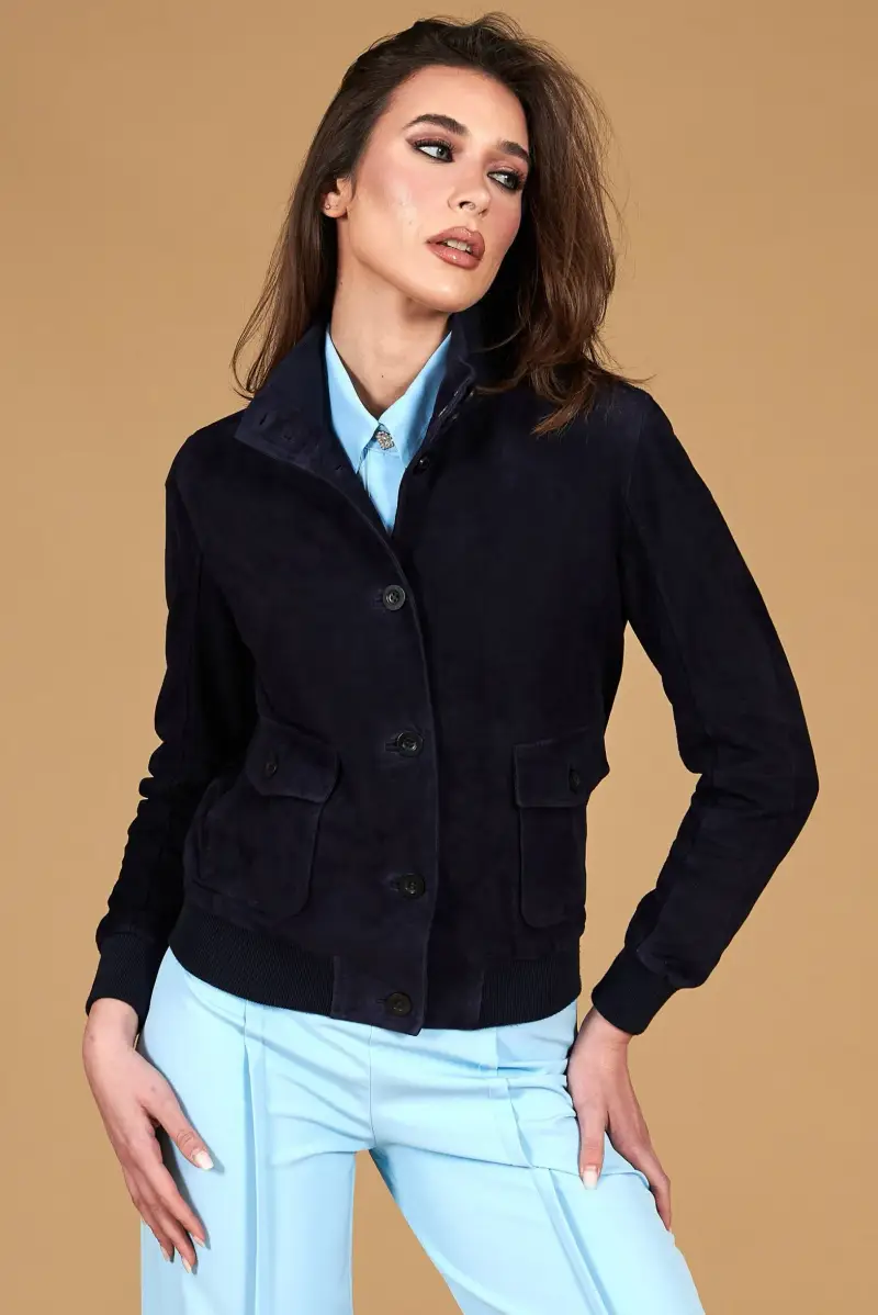 Bomber in pelle camoscio blu con bottoni D'Arienzo, Seleziona Blu