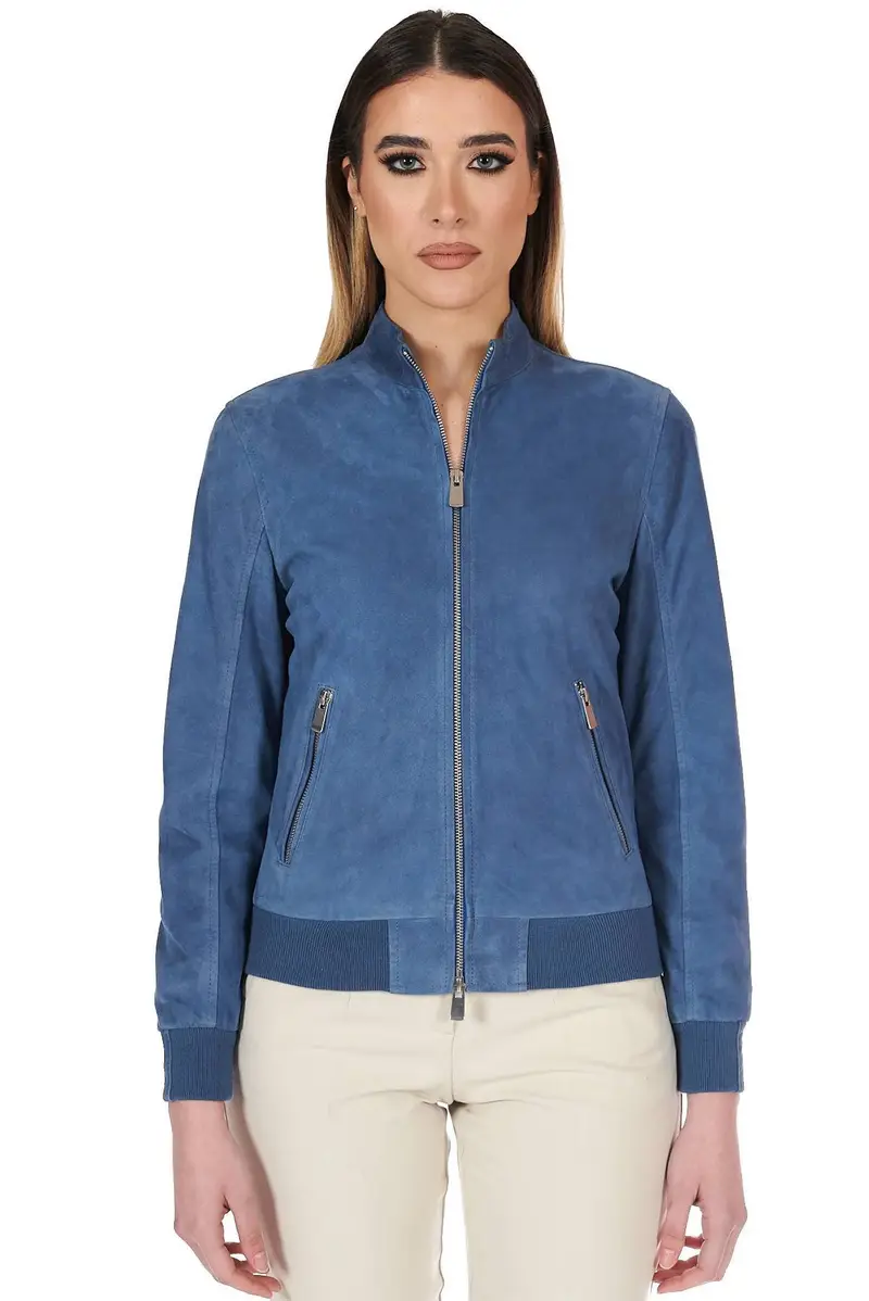 Bomber in pelle camoscio blu denim colletto coreana D'Arienzo, Seleziona Blu
