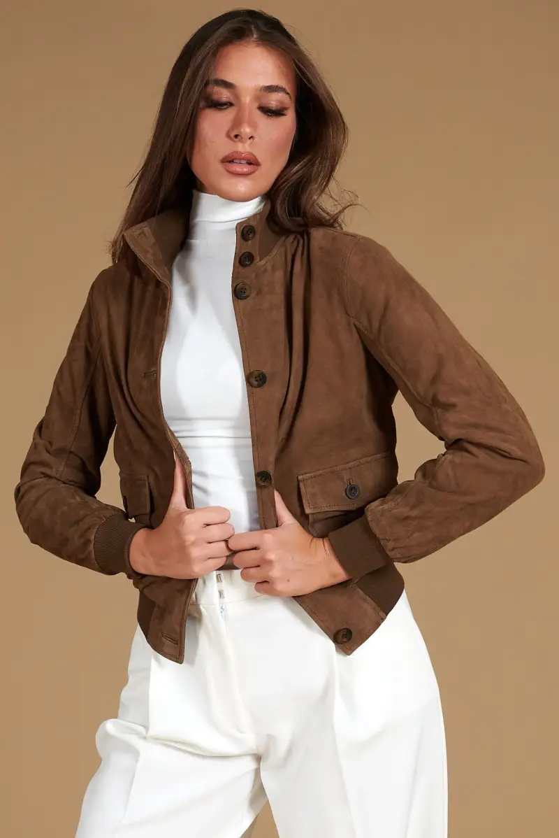 Bomber in pelle camoscio color fango con bottoni D'Arienzo, Seleziona Fango