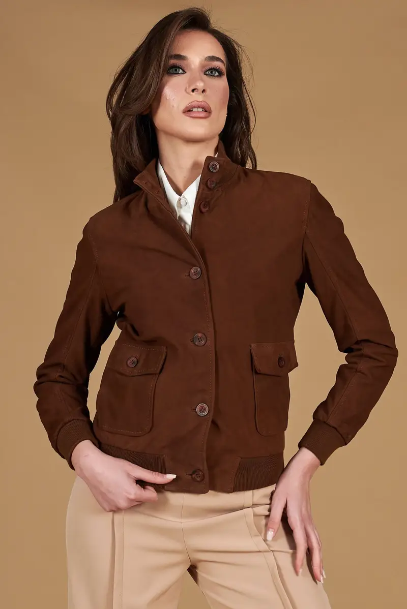 Bomber in pelle camoscio marrone con bottoni D'Arienzo, Seleziona Marrone