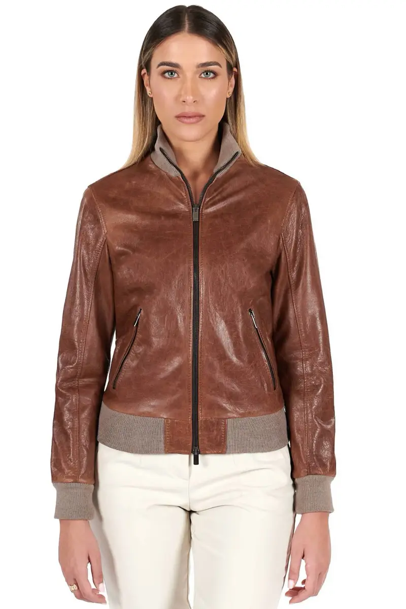 Bomber in pelle color cuoio effetto vintage D'Arienzo, Seleziona Cuoio