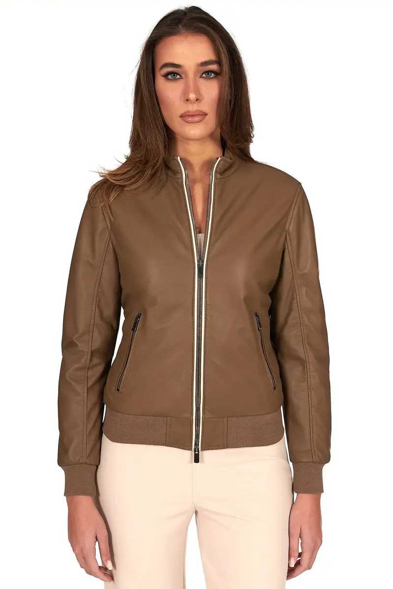 Bomber in pelle color fango effetto liscio D'Arienzo, Seleziona Fango