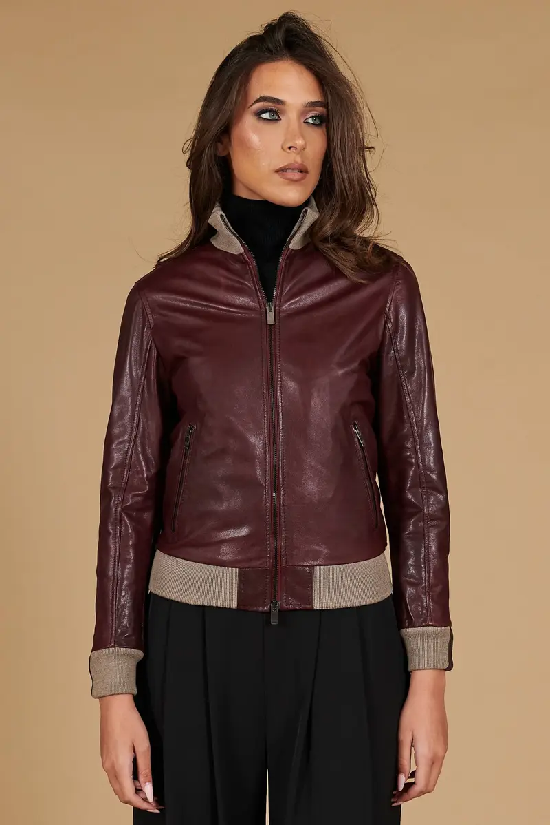 Bomber in pelle naturale bordeaux collo in lana merino D'Arienzo, Seleziona Vinaccio
