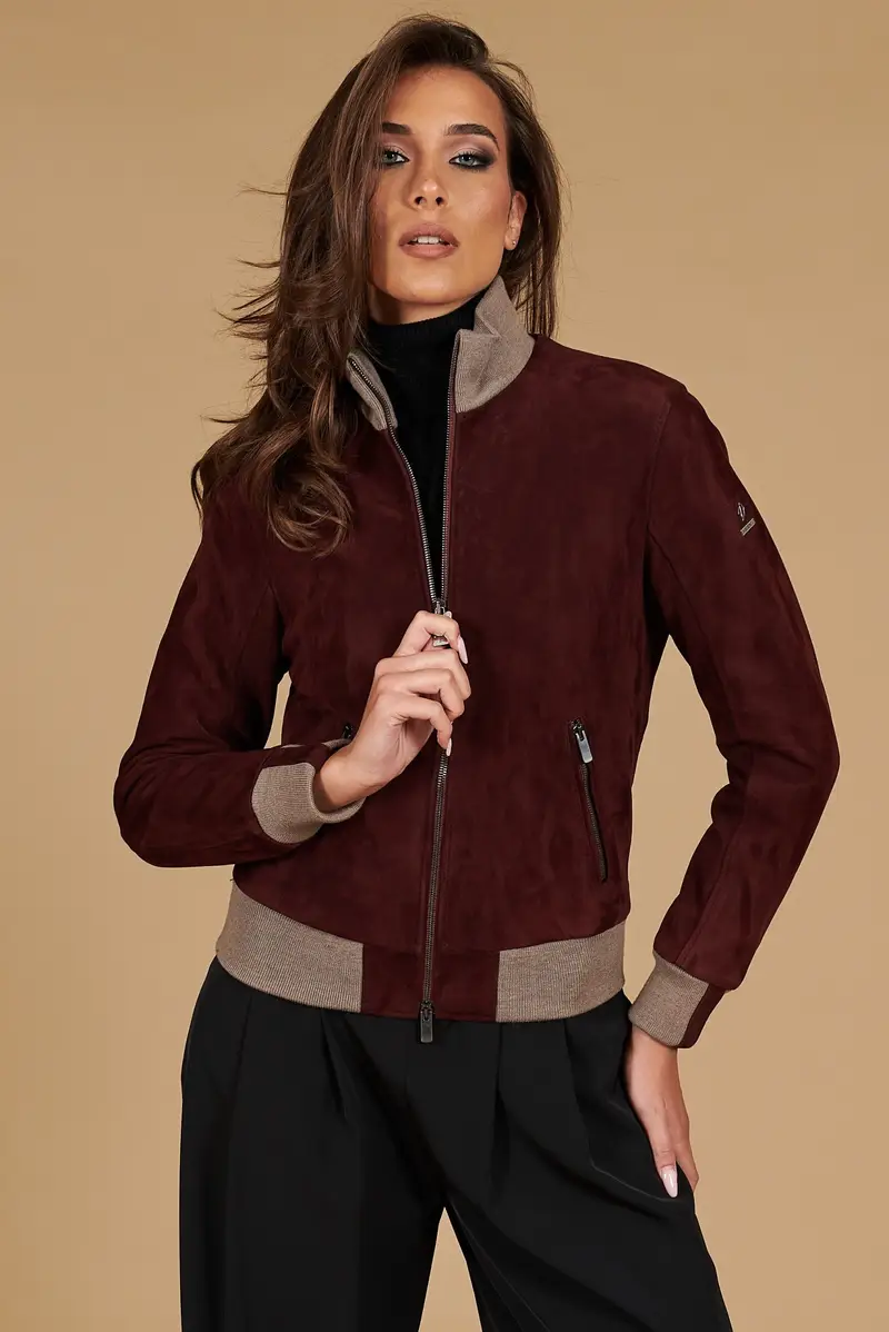 Bomber in pelle scamosciata bordeaux collo in lana merino D'Arienzo, Seleziona Vinaccio