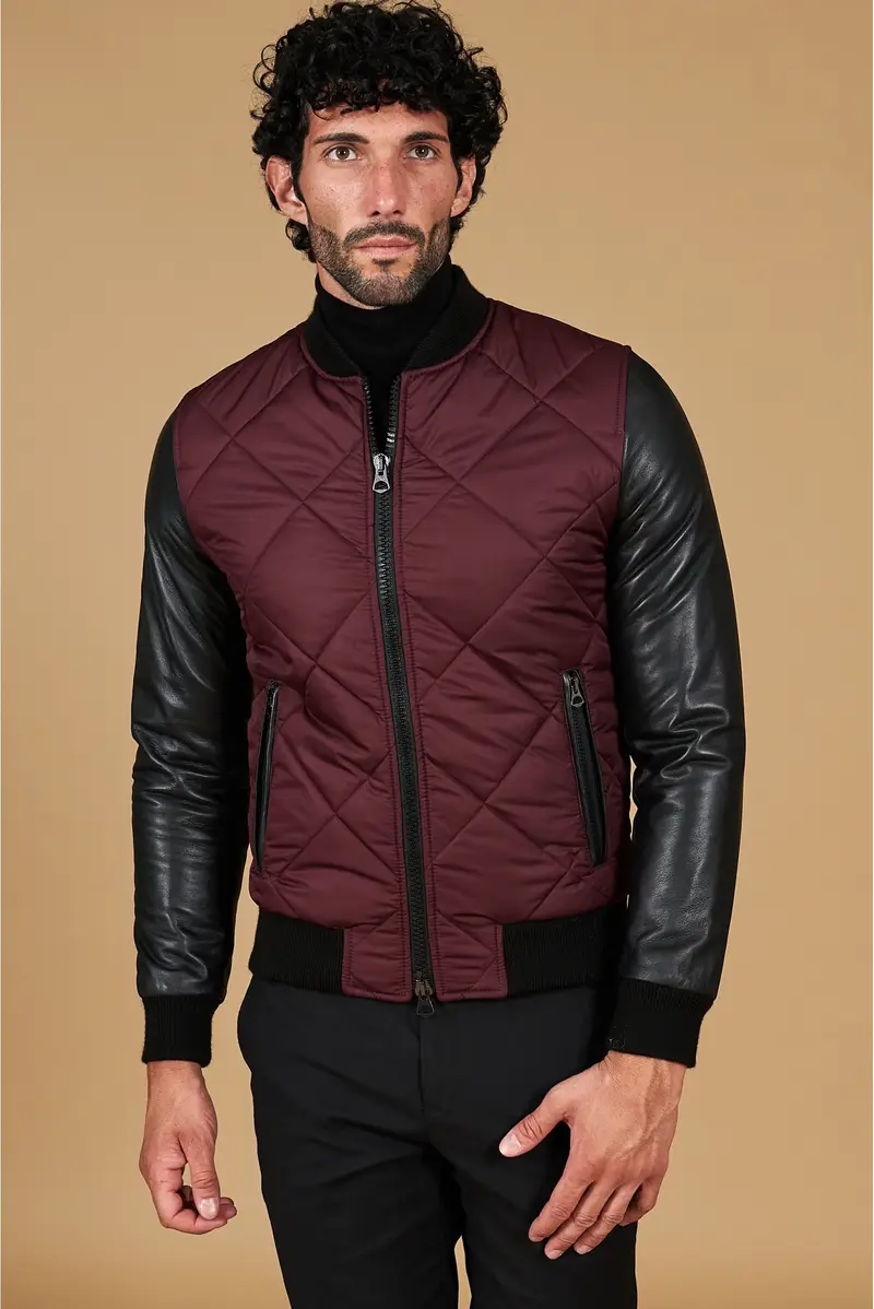 Bomber piumino in pelle nera e tessuto bordeaux D'Arienzo, Seleziona Vinaccio