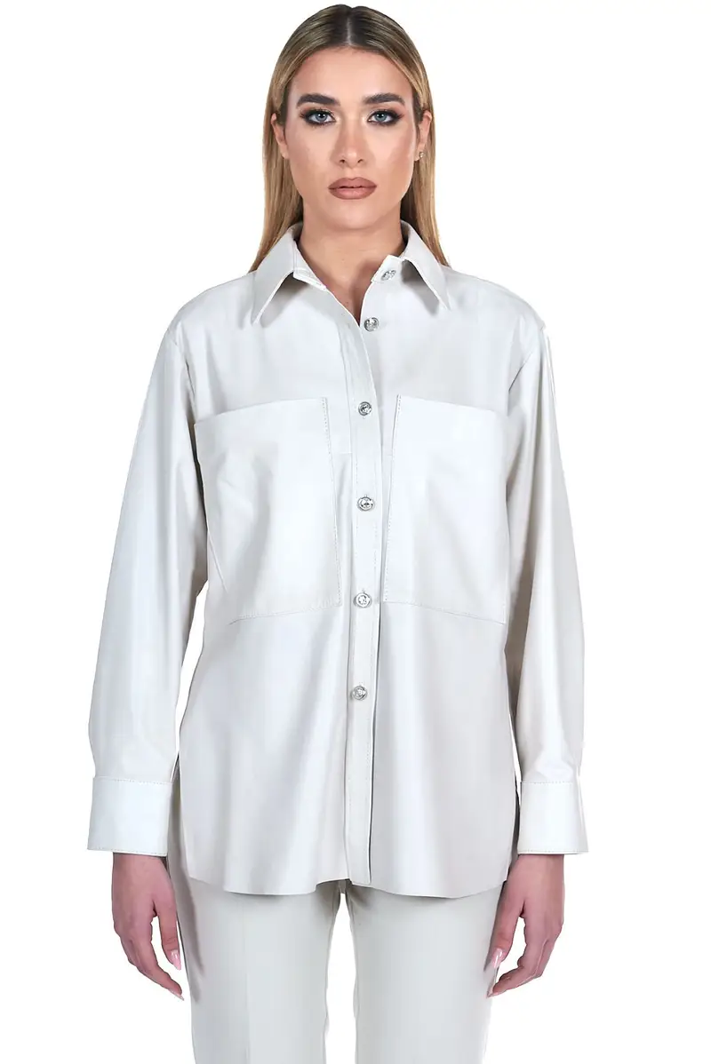 Camicia in pelle naturale color ghiaccio vestibilità over D'Arienzo, Seleziona Ghiaccio