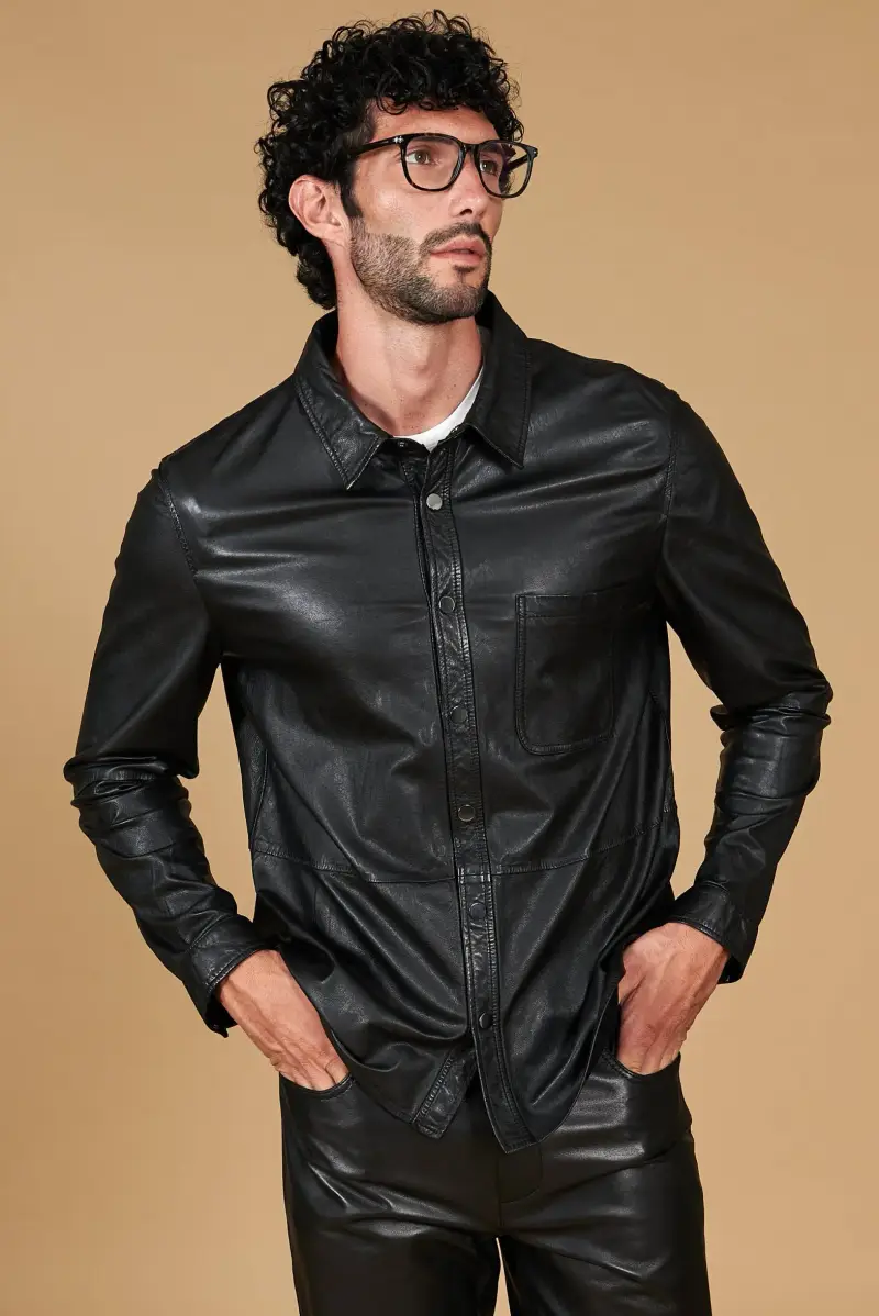 Camicia in pelle nera sfoderata effetto vintage D Arienzo, Seleziona Nero