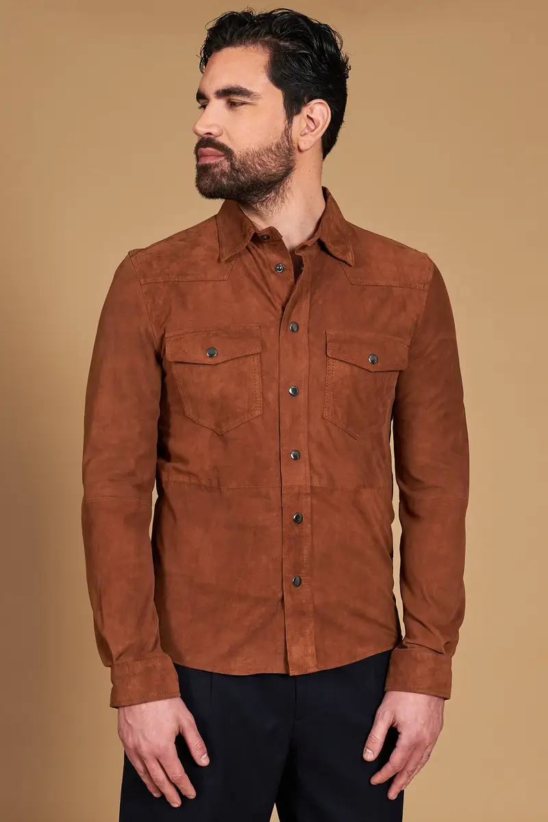 Camicia sfoderata camoscio cuoio con bottoni a pressione D'Arienzo, Seleziona Cuoio