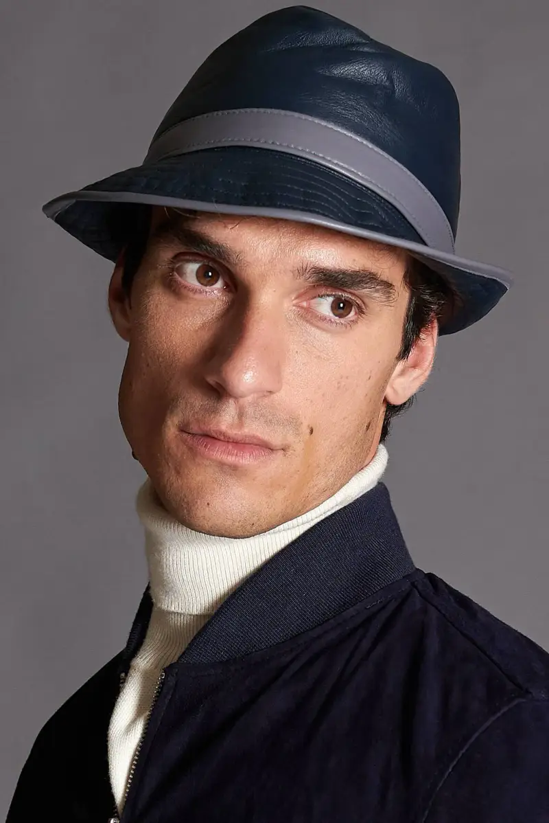 Cappello da uomo in pelle blu stile borsalino D Arienzo, Seleziona (57cm), Colore Blu