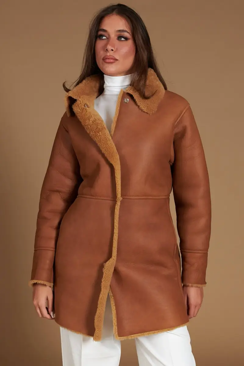 Cappottino in montone colore cuoio colletto camicia D'Arienzo, Seleziona Cuoio