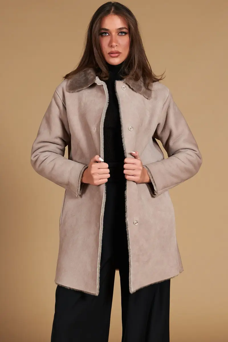 Cappottino in montone colore fango colletto camicia D'Arienzo, Seleziona Fango