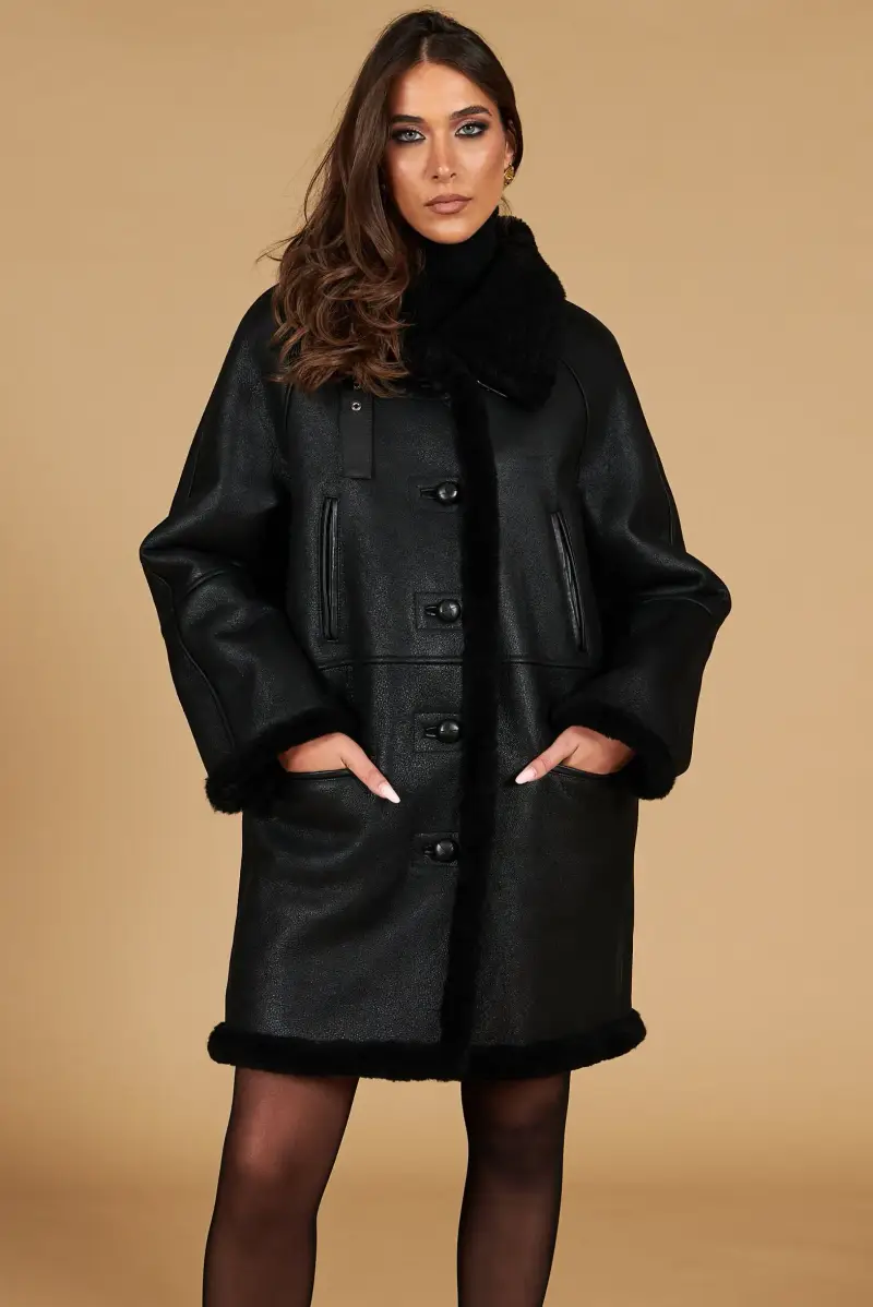 Cappottino in montone colore nero colletto camicia D'Arienzo, Seleziona Nero