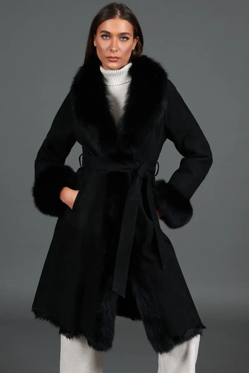 Cappotto in montone scamosciato nero con bordi in volpe D'Arienzo, Seleziona Nero