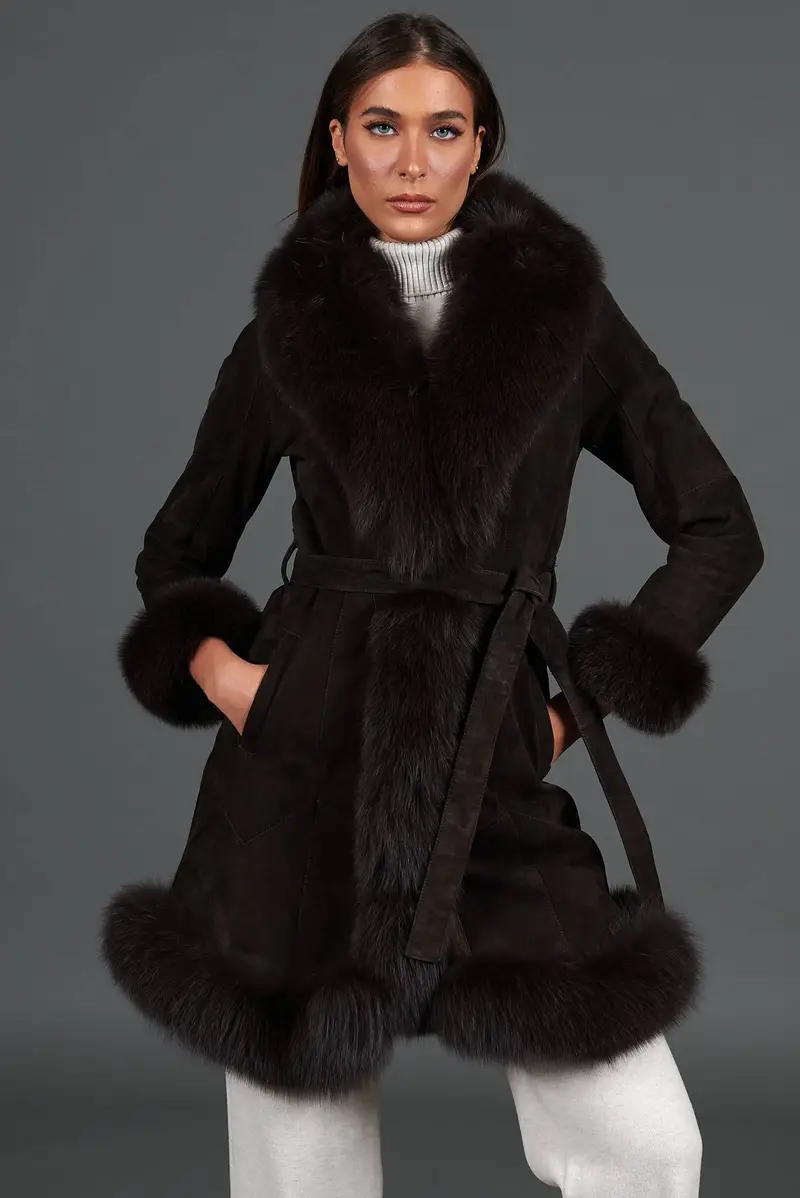 Cappotto in montone scamosciato testa di moro con collo in volpe D'Arienzo, Seleziona Testa di moro