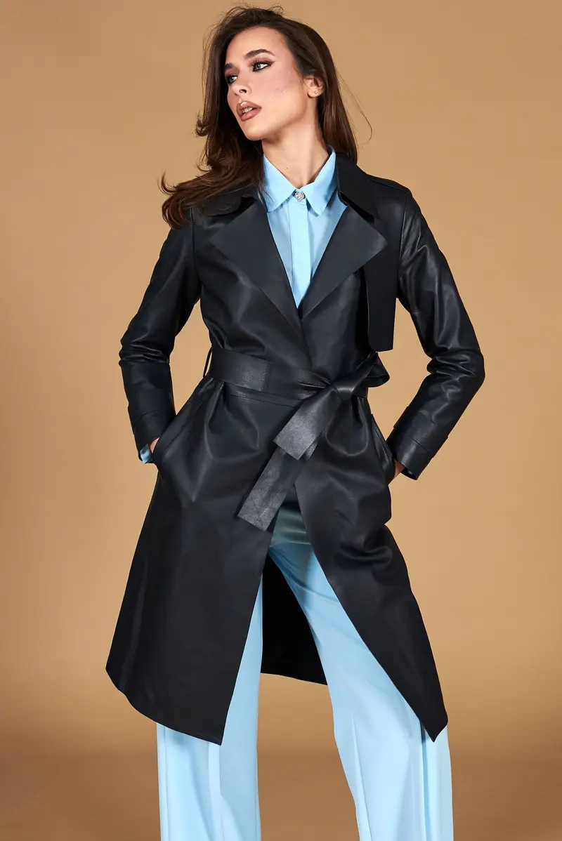 Cappotto in pelle blu scuro nappa effetto liscio con cintura D'Arienzo, Seleziona Blu