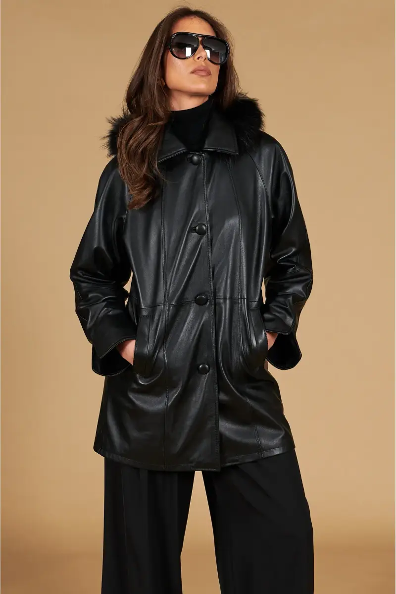 Cappotto in pelle nera con cappuccio in pelliccia effetto liscio D Arienzo, Seleziona Nero