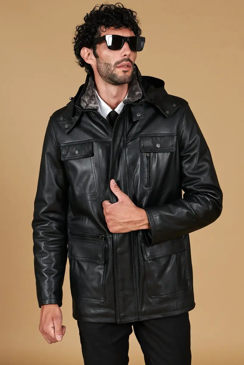 D'arienzo Cappotto in pelle nera con cappuccio staccabile