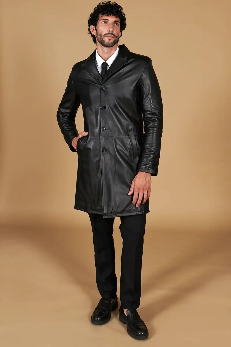 Cappotto in pelle nera lungo stile matrix nappa effetto liscio D'Arienzo, Seleziona Nero