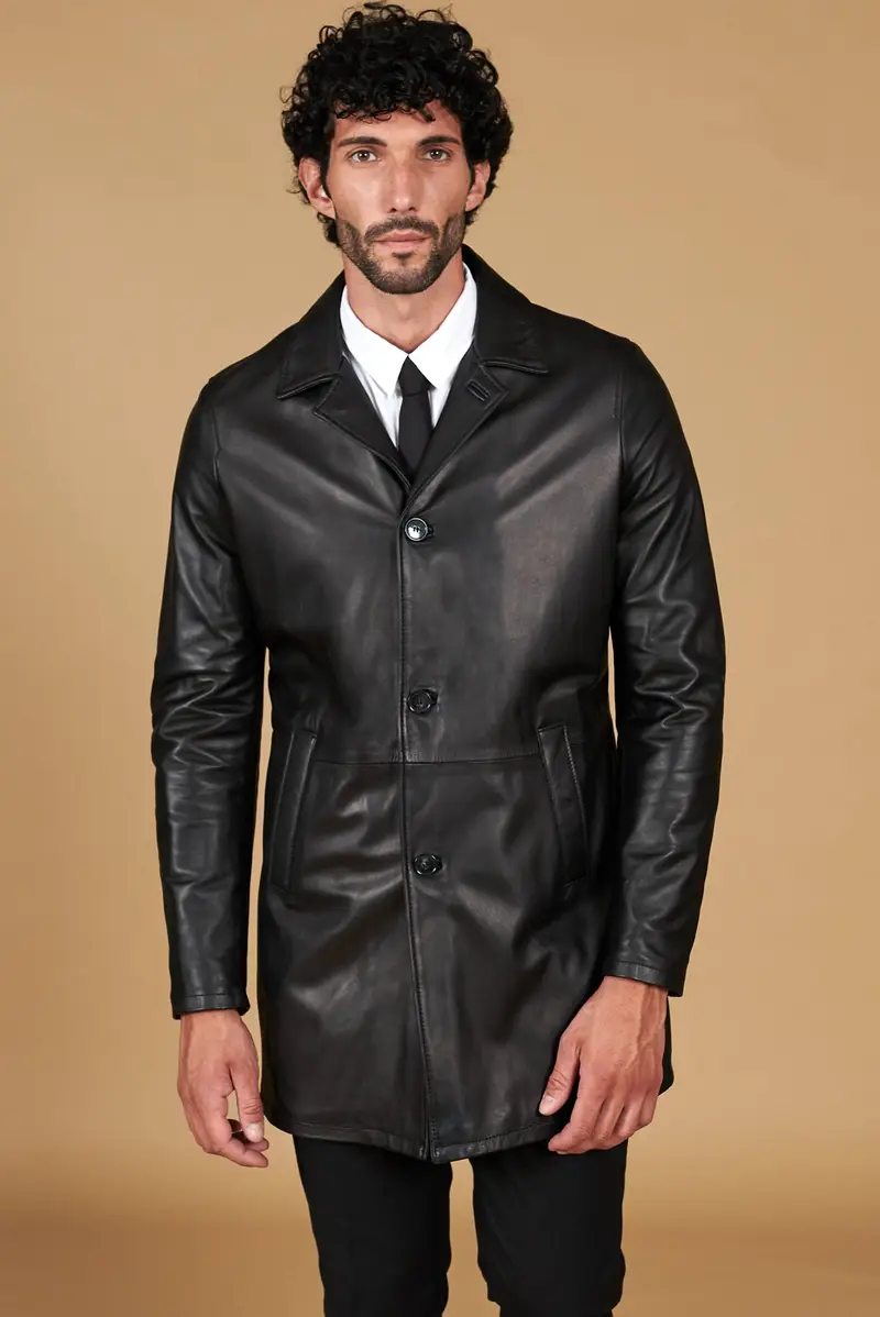 Cappotto in pelle nera nappa effetto liscio collo giacca D'Arienzo, Seleziona Nero