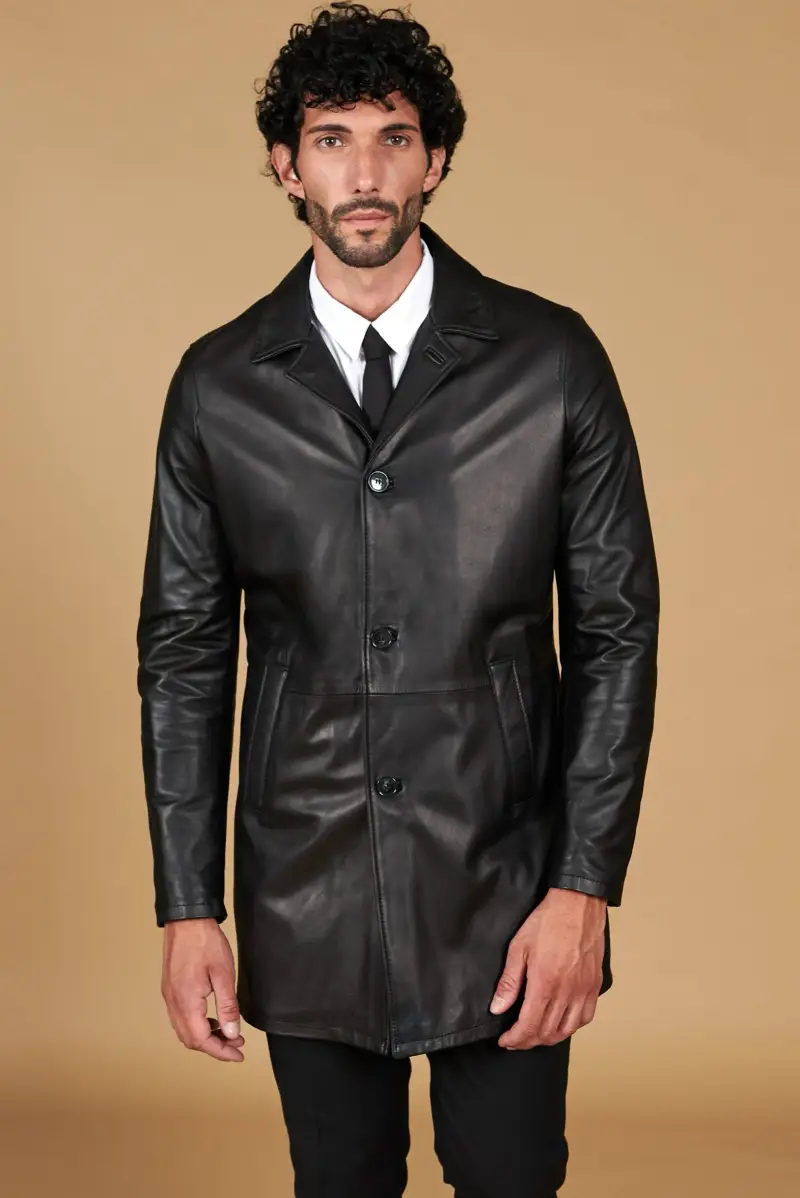 Cappotto in pelle nera nappa effetto liscio collo giacca D Arienzo, Seleziona Nero